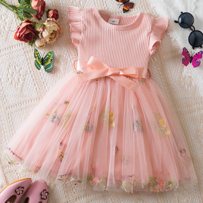 Kids’ Clothing Spring And Summer New Girls Dress Flying Sleeve Flower Embroidery Mesh Princess Girl Birthday Dress