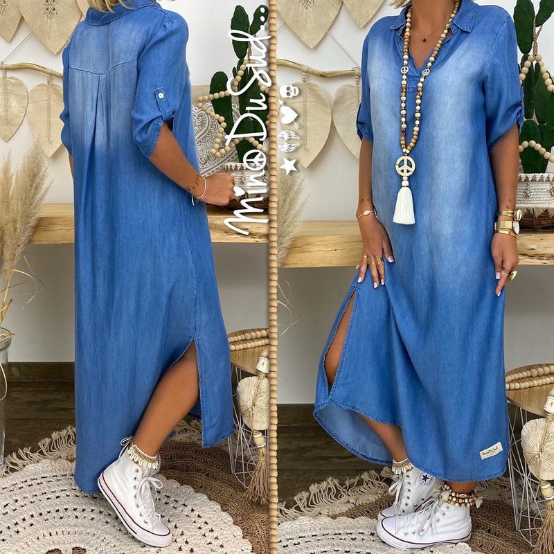Women's fashion wash denim loose one-piece long dress
