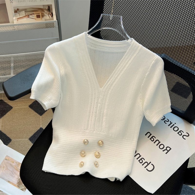 Women's Clothing V Neck Ice Silk Short Sleeved Knitted Sweater Waist Slim Fit Chic Top