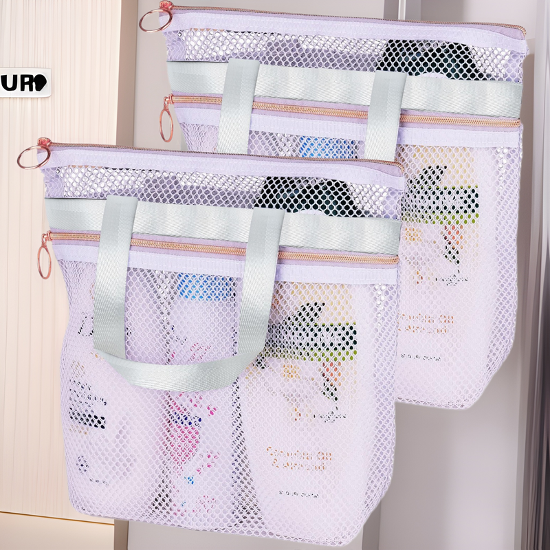 Mesh Shower Caddy Portable 10.2x9.9'' Shower Bag With Zipper & 2 Pockets. Shower Tote Ideal For Gym, Travel, Camp, Beach