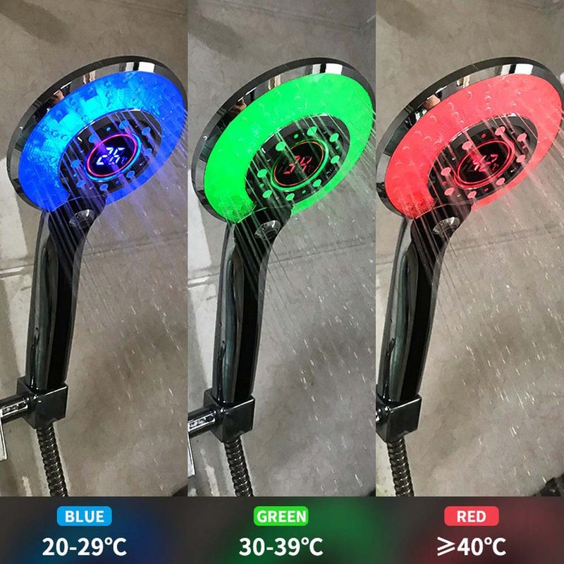 LED Temperature-Sensing Shower Head - Color-Changing Water-Saving Filter