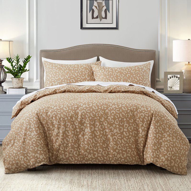 Leopard Khaki Luxury Double Sided Printed Quilt Cover Duvet Cover Bedding Three Piece Set In Soft Polyester - Milled Velvet Texture