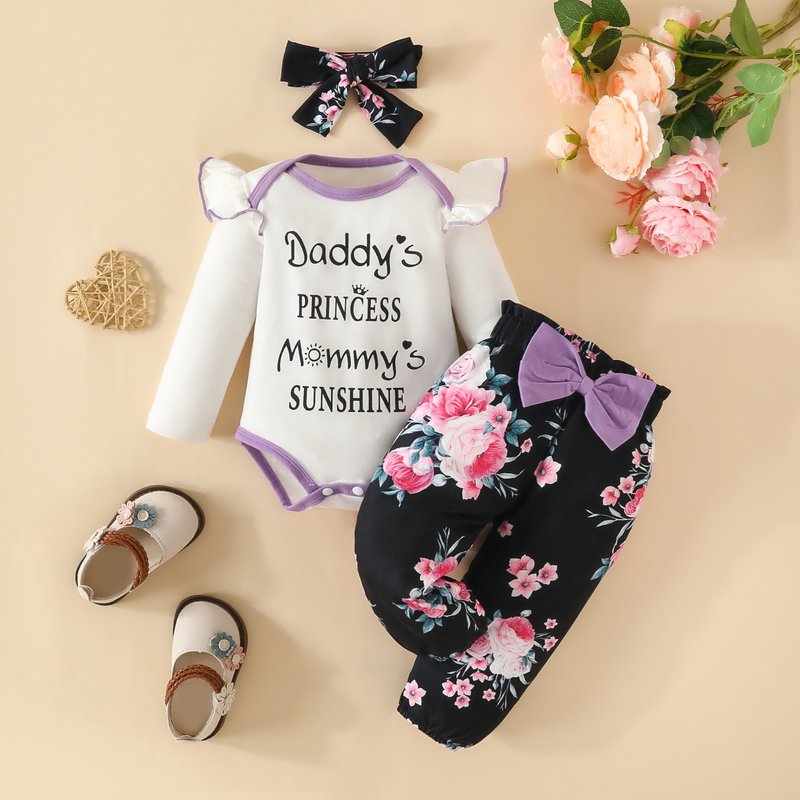 Mother&Kids Baby long sleeve triangle clothing + pants + headscarf 3 sets baby letter flying sleeve top flower pants