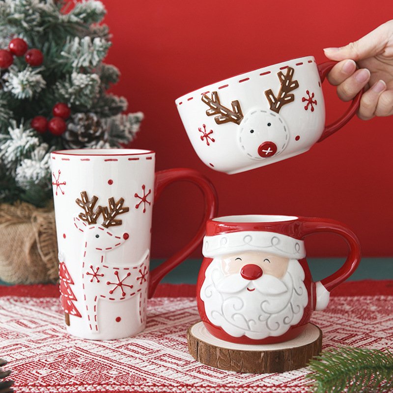 Nordic Santa Claus ceramic cup office home water cup mug tableware embossed breakfast cup high cup soup cup