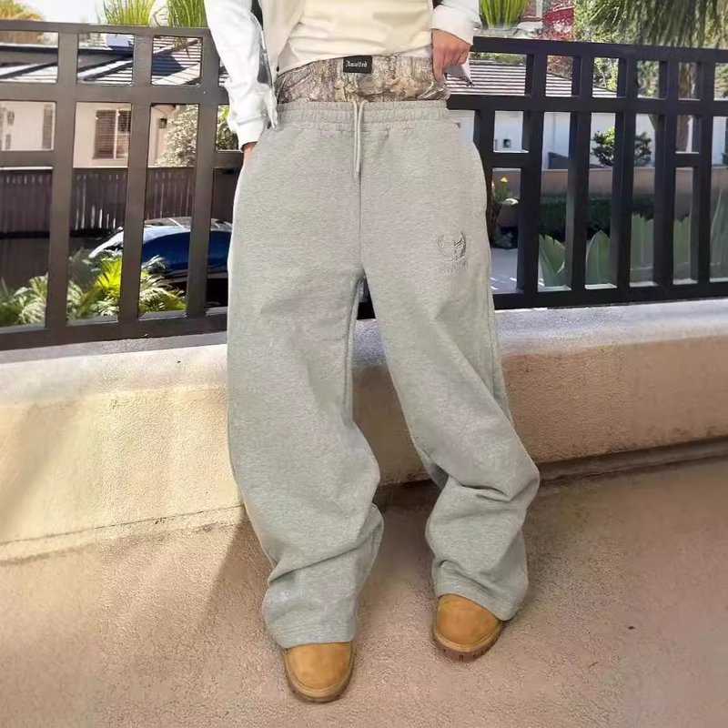 Men's Clothing Street Fashion Pattern Embroidery Double Waist Lace Casual Straight Pants Men's Sports Casual Trousers