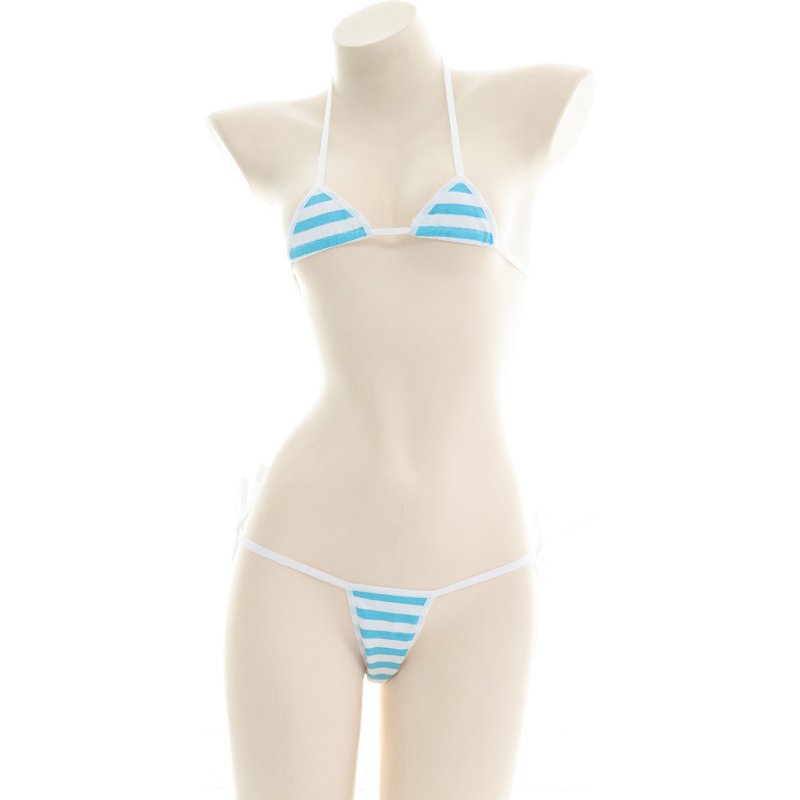 Sexy Bikini Set Women Underwear Pink Blue Stripe Cute Lingerie Micro Bikinis Swimwear Japanese Schoolgirl Anime Cosplay