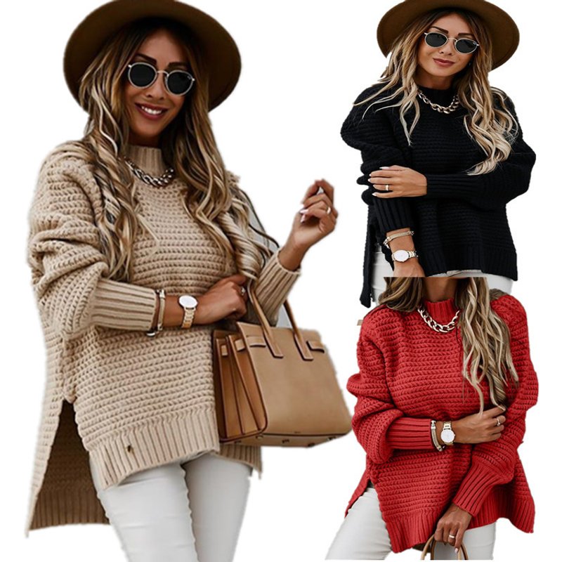 Women's Clothing new sweater women's half high collar solid color side slit knitted sweater