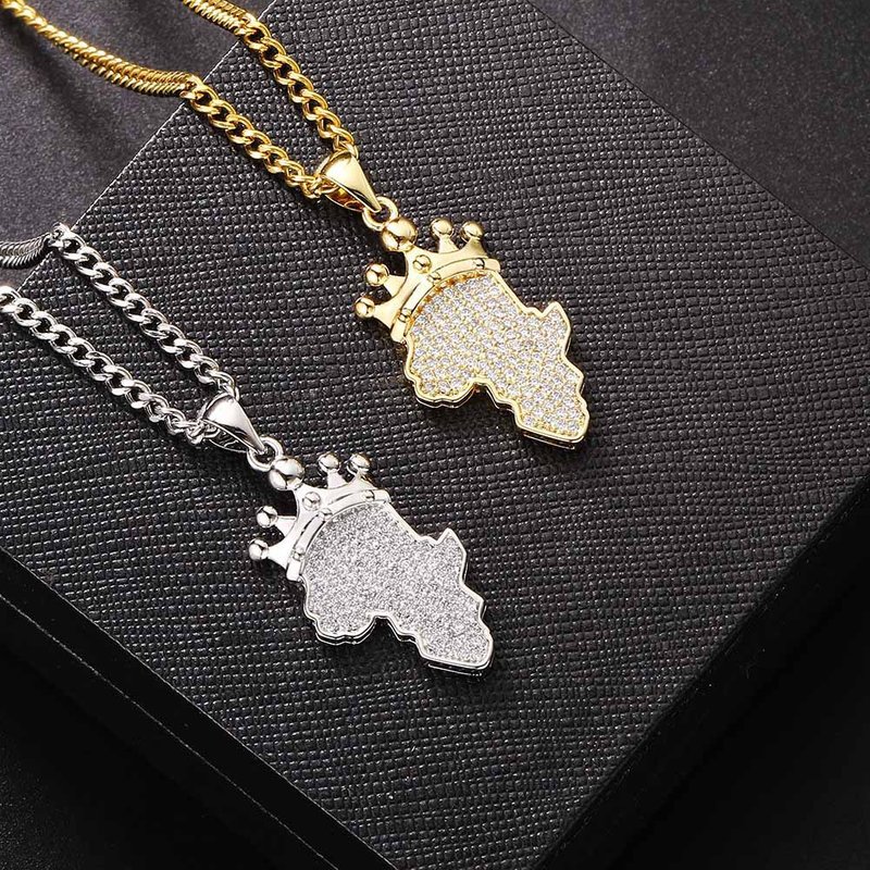 Crown Map Hip Hop Pendant Full of Zircon Micro Inlaid Men's and Women's Popular Gold Necklace Trendy Jewelry