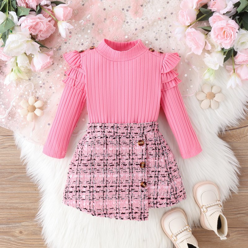 Autumn Winter New Women's Small and Medium School Solid Color Flying Sleeve Top Knitted Stripe Skirt Two piece Set