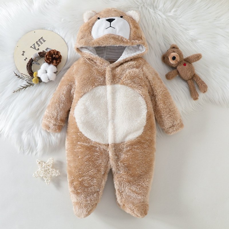 Mother & Kids Soft Fleece Baby Jumpsuit With Adorable Cartoon Prints - Long Sleeve Hooded Romper For Newborn To 12 Months (A-Class Safety Certified)