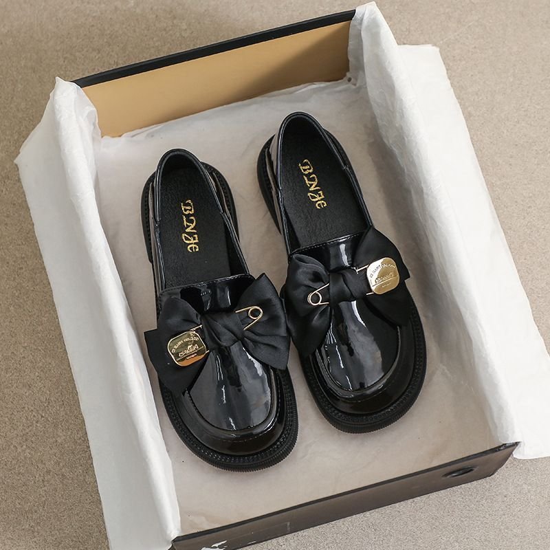 Thick-soled Loafer's Spring And Autumn Retro British Style Small Leather Black Bow Slip-on Soft-soled Single