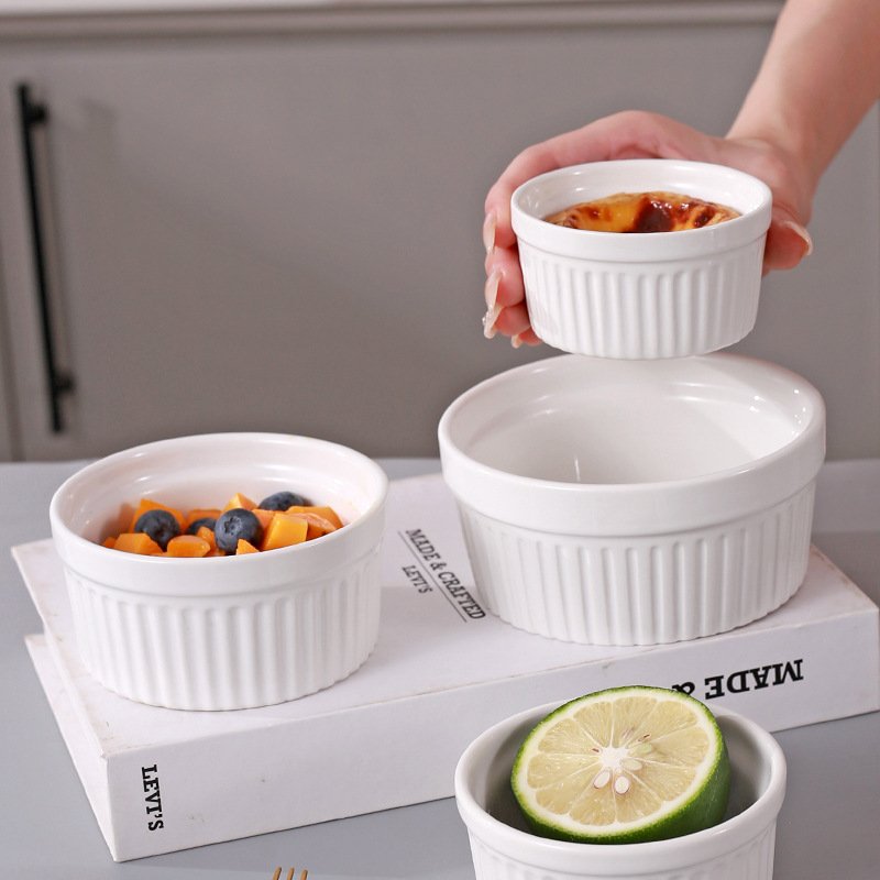 Ceramic Souffle Ramekins 4 Pack Oven Air Fryer Safe Baking Dishes For Creme Brulee Custard Egg Pudding White Round Dessert Bowls BPA Free