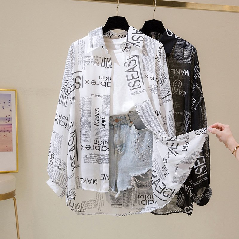 Women's Clothing loose shirt women 2024 new summer Chic retro long sleeved newspaper letter sun protection shirt cardigan women