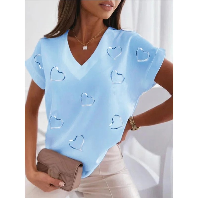 Women's white heart-shaped printed V-neck cotton blend short-sleeved casual T-shirt