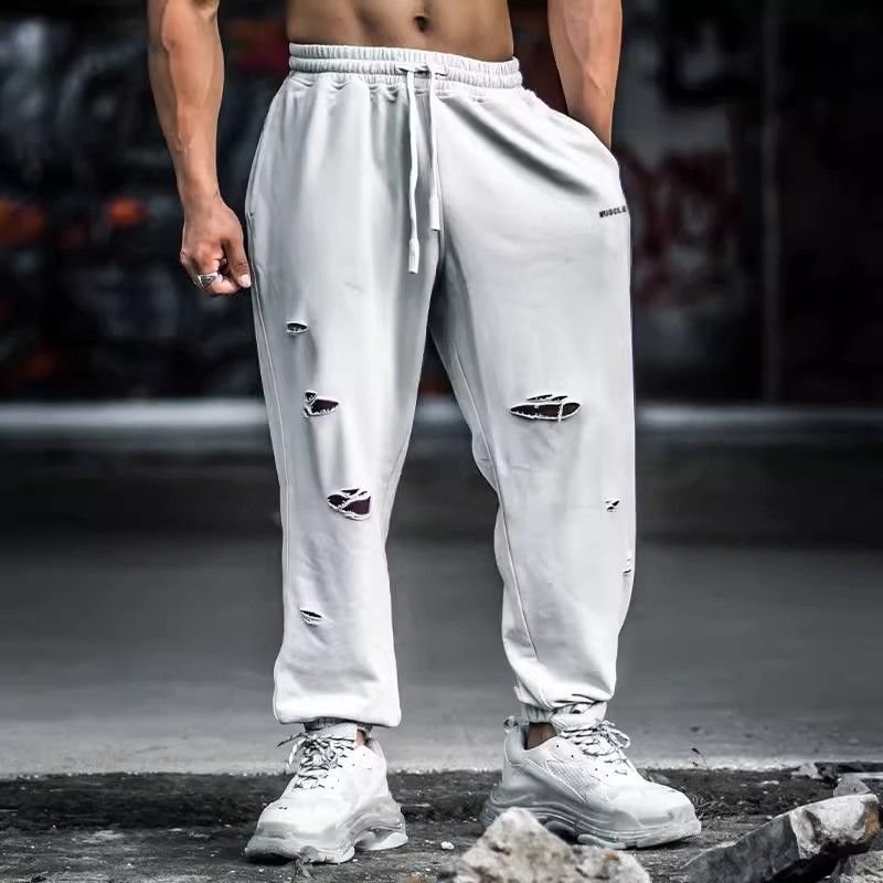 Men's Clothing Gray Sports Pants Men Outdoor Running Basketball Ripped Loose Trendy Brand Leggings Sweatpants