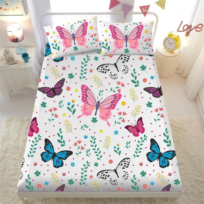 Beautiful Butterfly Pattern Three Piece Bed Sheet Set Digital Printing Bed Sheet Bedding Set For Adults And Children