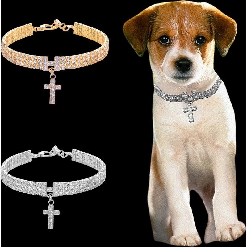 Pet Cross Pendant Necklace Loose Diamond Full Diamond Three Row Collar Zircon Pendant Gold Plated Silver Cat And Dog Chain