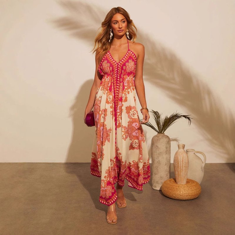 Women's Clothing Spring And Summer Off Shoulder V Neck With Slings And Printed Fairy Like Long Temperament Dress With Big Swing Dress