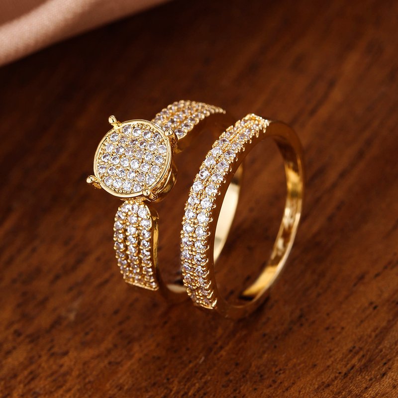Bague en or véritable électrolytique à trois rangées de zircons pour femme, bijoux pour couple homme et femme
