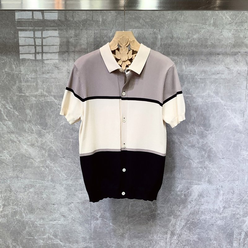 Men's Clothing Summer contrast color knitted short sleeved ice silk polo shirt men's handsome casual style high end lapel T shirt