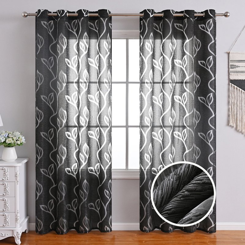 Floral Leaf Blackout Curtain - Bubble Textured Window Screen With Decorative Cut-Out Design​​