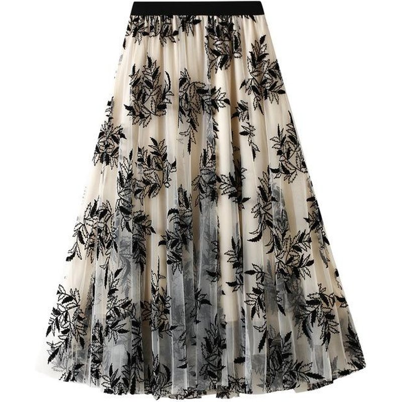 Flocking Printed Gauze Skirt Women's Skirt Autumn and Winter Medium Length A-shaped Pendulum Floral Mesh White Skirt Long Skirt 1819