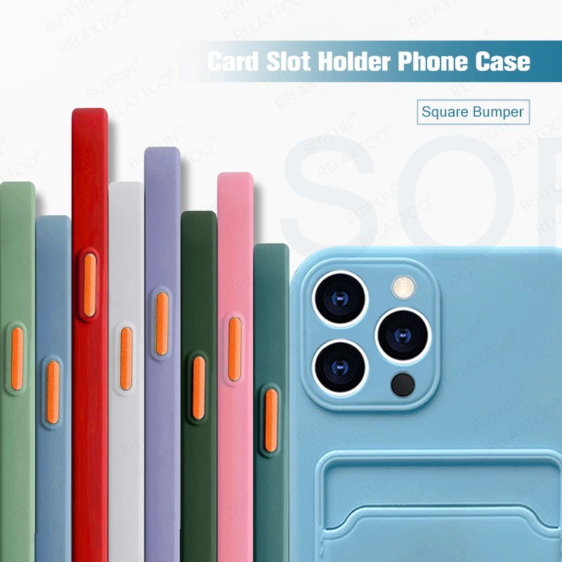 Card Slot Holder Square Silicone Phone Case For iphone 12 pro max 11pro xr x xs max 8 7 plus se 2020 12 mini Soft Back Cover
