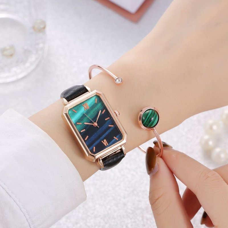 Hot selling online celebrity style small green strap square women's watch peacock green personality marble face simple quartz watch