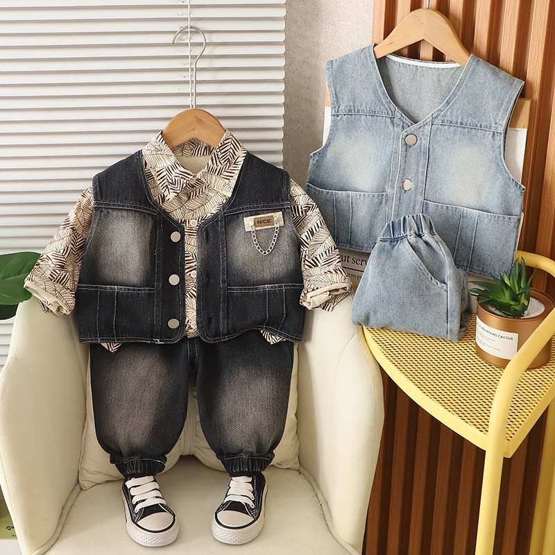 Boys' Outfit 2025 New Baby Vest Denim Three-Piece Set Stylish Cartoon Toddler Spring Autumn Children's Clothing