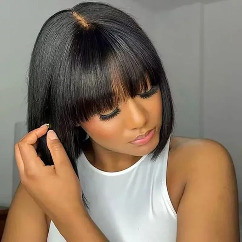 Short Bob Wigs With Bangs Straight Bob Wig With Bangs Glueless Human Hair Wigs 100% Ready to Go Straight Hair Bob Wigs Brazilian