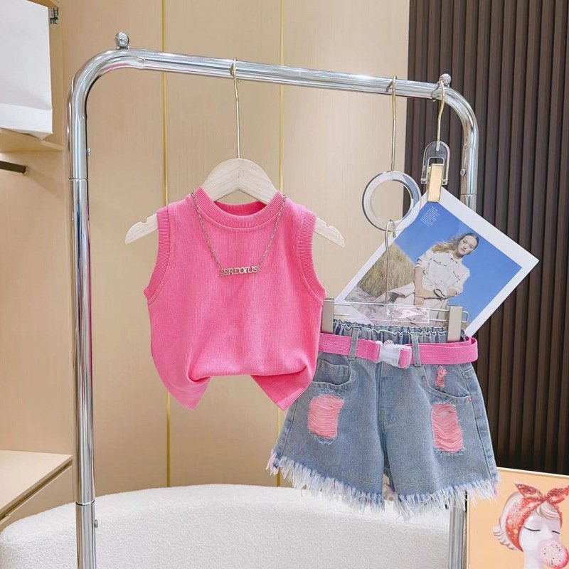 Children's Clothes Dopamine Kids Summer Set Fashion Kids Pink tank top T Everything shorts set