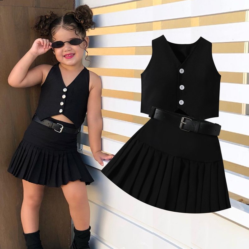 Mother & Kids Cross-border new style girls fashionable V-neck solid color single-breasted vest top pleated skirt belt three pieces