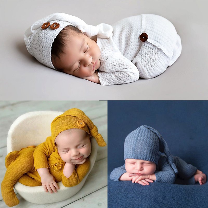 Drivedirect 1 Set Baby Jumpsuit Skin-friendly Stretchable Two-piece Suit Newborn Photography Hat Clothing for Indoor