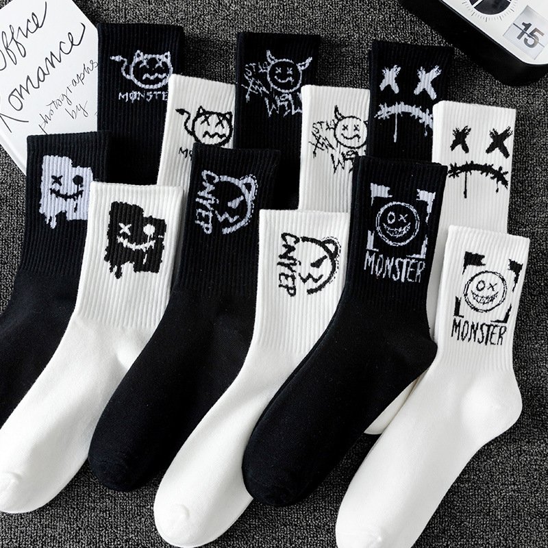 3/5/10pairs/sets Plus Size Couple Socks Generation Basketball Sports Cotton Socks Spring And Summer Black And White Stockings