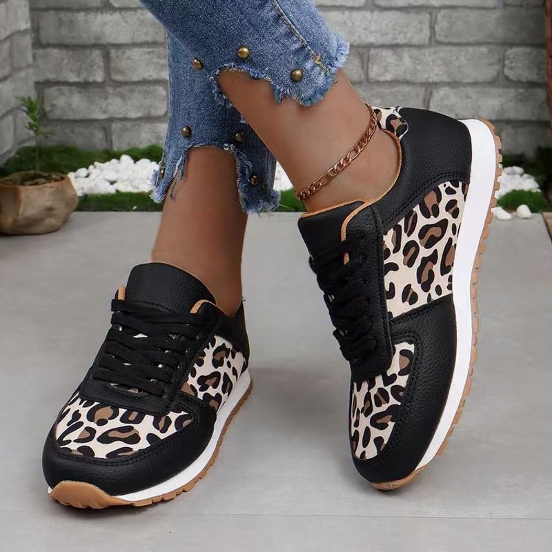 New platform leopard print lace-up casual sneakers for women plus size low top single shoes