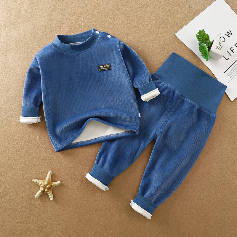 Baby warm underwear set autumn and winter children's baby plus fleece thickened high waist belly care baby long Johns