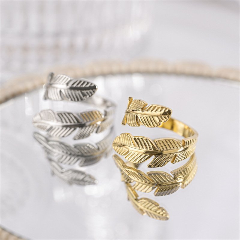 fashion feather ring open titanium steel ring angel wings hip hop style stainless steel ring jewelry