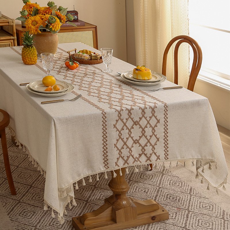 Embroidered Linen Tablecloth – Modern Geometric Patterns (Chain/Grid), Oil & Heat-Resistant – Rectangle – Minimalist Home Decor