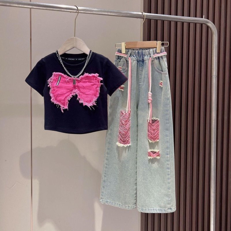 Mother & Kids Girls jeans summer suit 2024 new style middle and large children's fashionable ripped jeans children's stylish T summer clothes