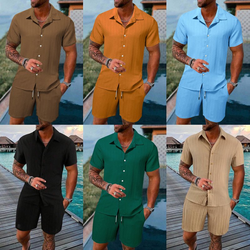 Summer Men's Shirt Casual Loose Short Sleeved Shorts Beach Set