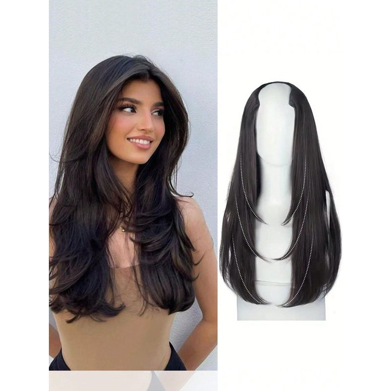 Synthetic Long Straight Extenisons 22 Inch Clip In Hair Extension V Shape Heat Resistant Hairpieces For Women Girls