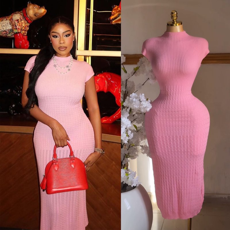 Women's Clothing Temperament Dress Women High Grade Round Neck Short Sleeve Waist Elastic Figure Hip Knitted Skirt