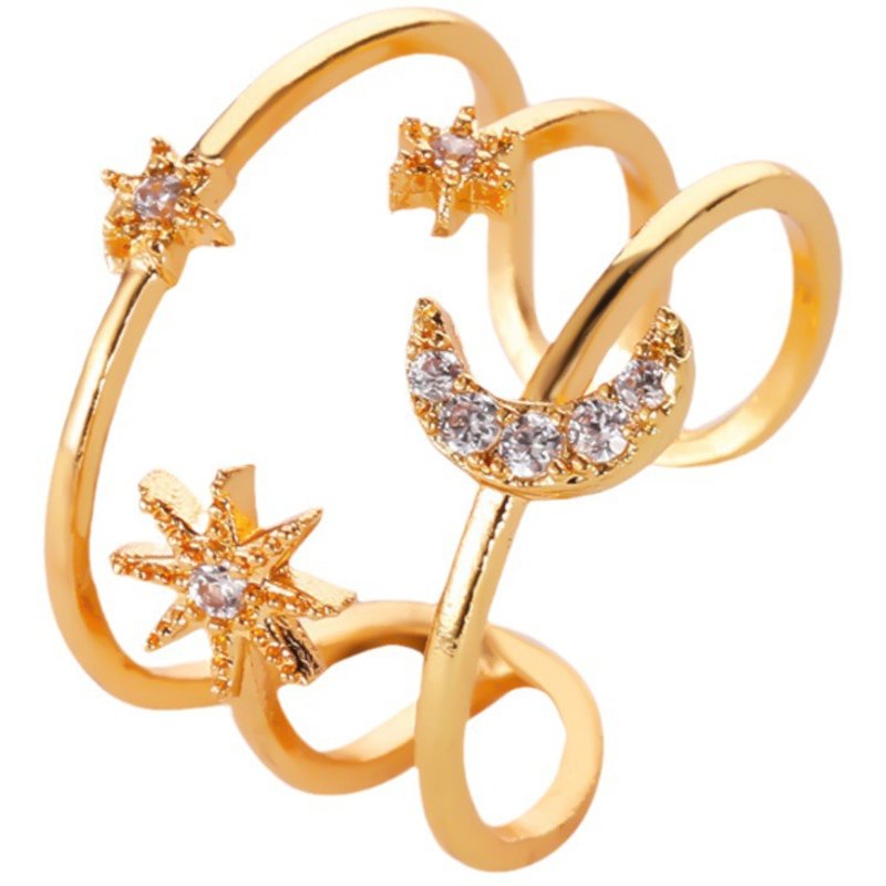 Fashion Women's Ring Three-layer Hollow Star Moon Ring Personality Diamond Five-pointed Star Opening Ring