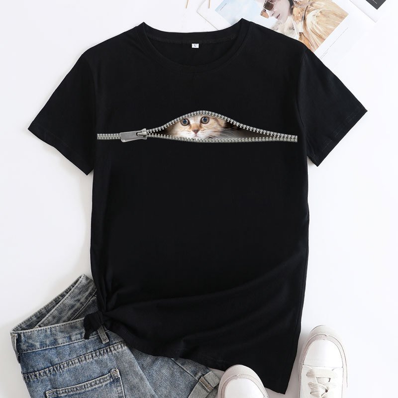 Women's T-shirt Loose T-shirt Cat Print Foreign Trade Short-sleeved T-shirt Women Summer