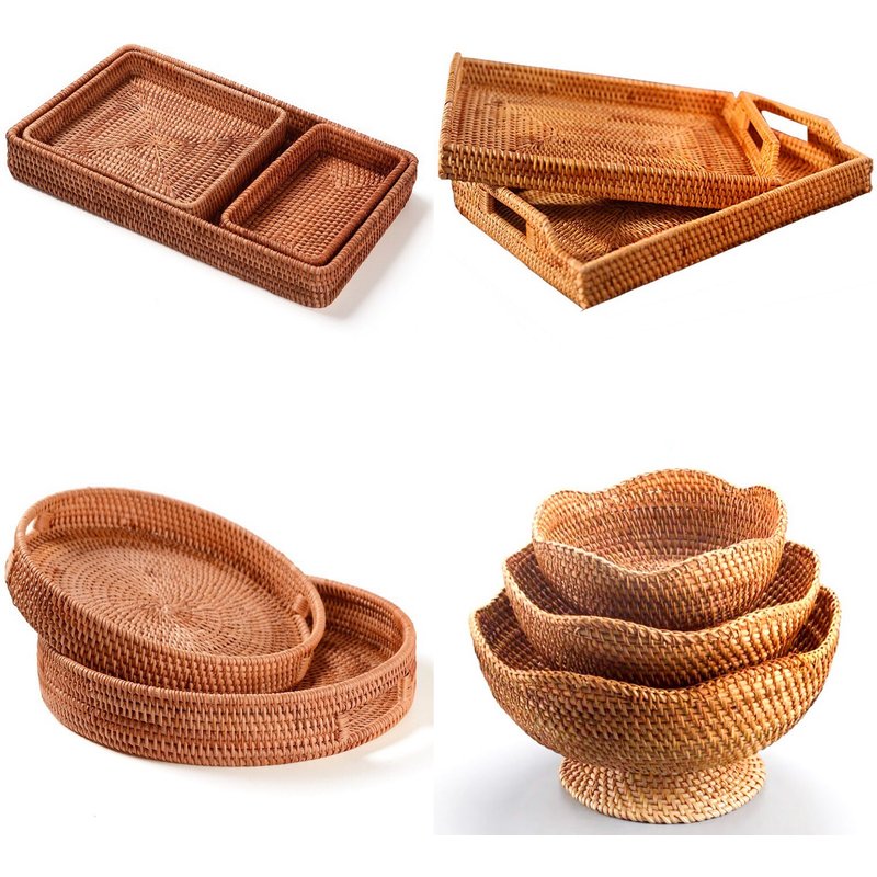 Rattan Tray Set (3-Piece) - Multi-Purpose Fruit & Snack Serving Tray For Tea Cups Candy Nuts - Handwoven Storage Organizer​