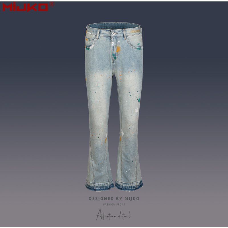 Man's clothing Urban cat beard ripped micro-cut pants hipster men's and women's wash splash paint wide-leg jeans