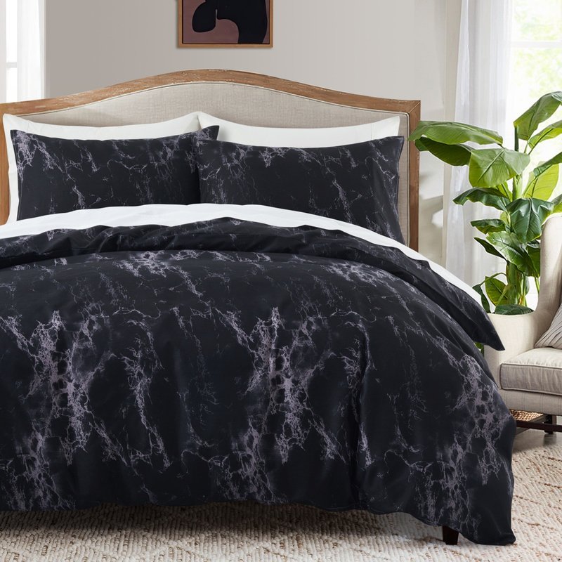 Black Marble Quilt Cover Duvet Cover Three Piece Set In Soft Polyester - Milled Velvet Texture
