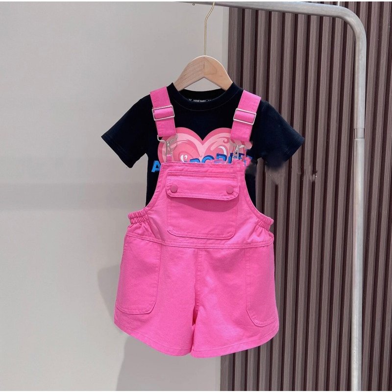 Baby clothes Girls love suspenders set summer thin casual wear girls big children two-piece set