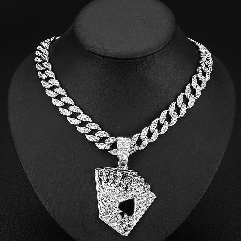 Hip Hop Men's Full Diamond Playing Card Flush Cuban Pendant Trendy Necklace