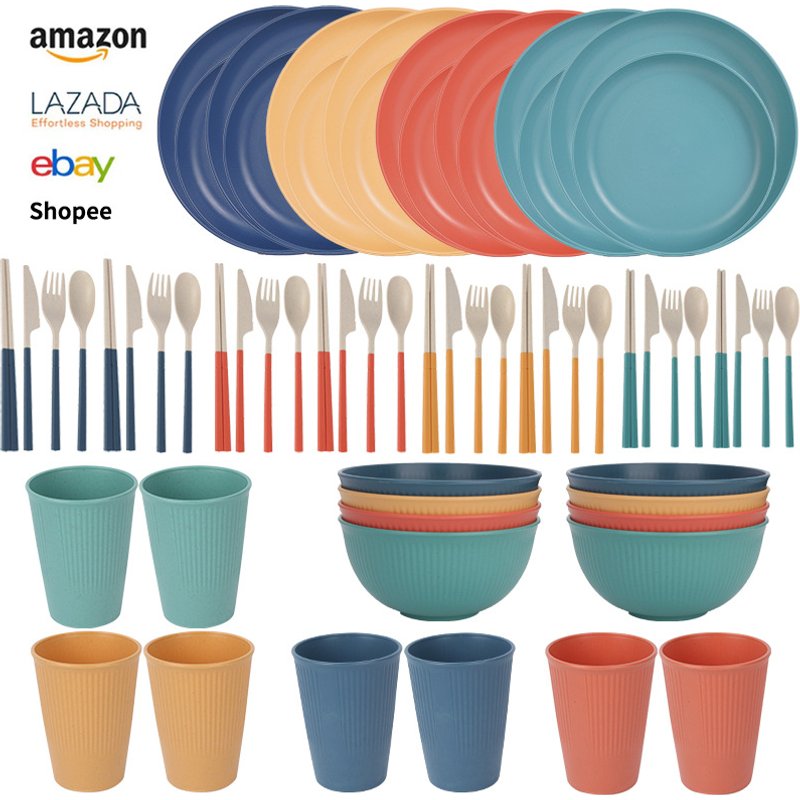 32-Piece Wheat Straw Tableware Set – Eco-Friendly Bowls, Plates, Cups & Cutlery | Microwave-Safe, BPA-Free, Ideal For Gifting